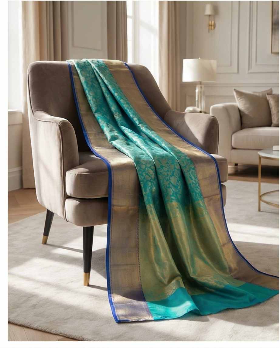 Teal Blue Banarasi Silk Saree with Gold Zari Border & Floral Jaal Weave - SR-SBP2