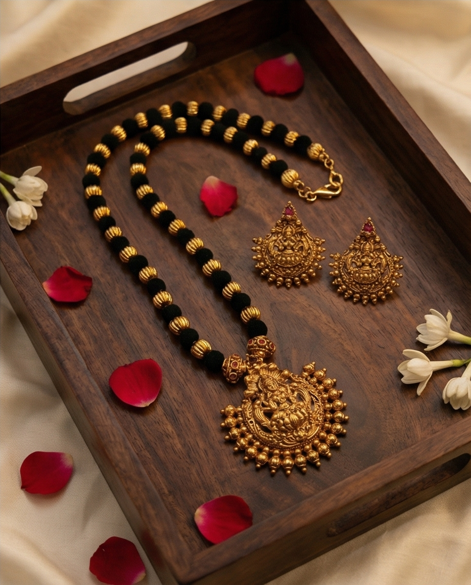 Black and golden beads Lakshmi Antic pendant short Haram with Earrings (NRW1)