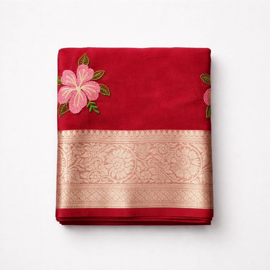 Organza Silk Saree with Multicolour Floral Embroidery & Gold Zari Border - SR-DFP3-Red