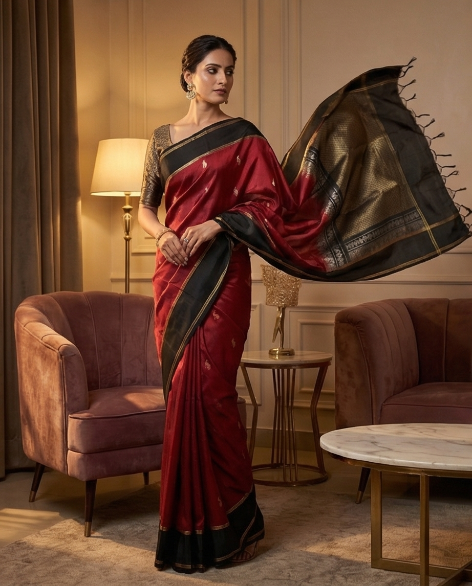 Pure Kanchipuram Silk Saree with Black Zari Border & Intricate Paisley Motifs (SR-MASP2)