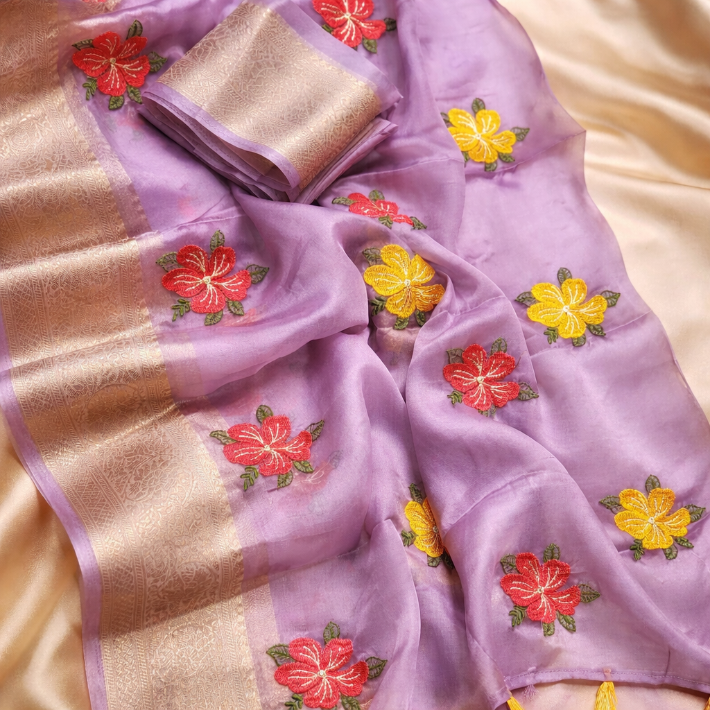 Organza Silk Saree with Multicolour Floral Embroidery & Gold Zari Border - SR-DFP3-Lavender-Pink-Red-Deep Purple-Orange-Maroon-Mustard Yellow