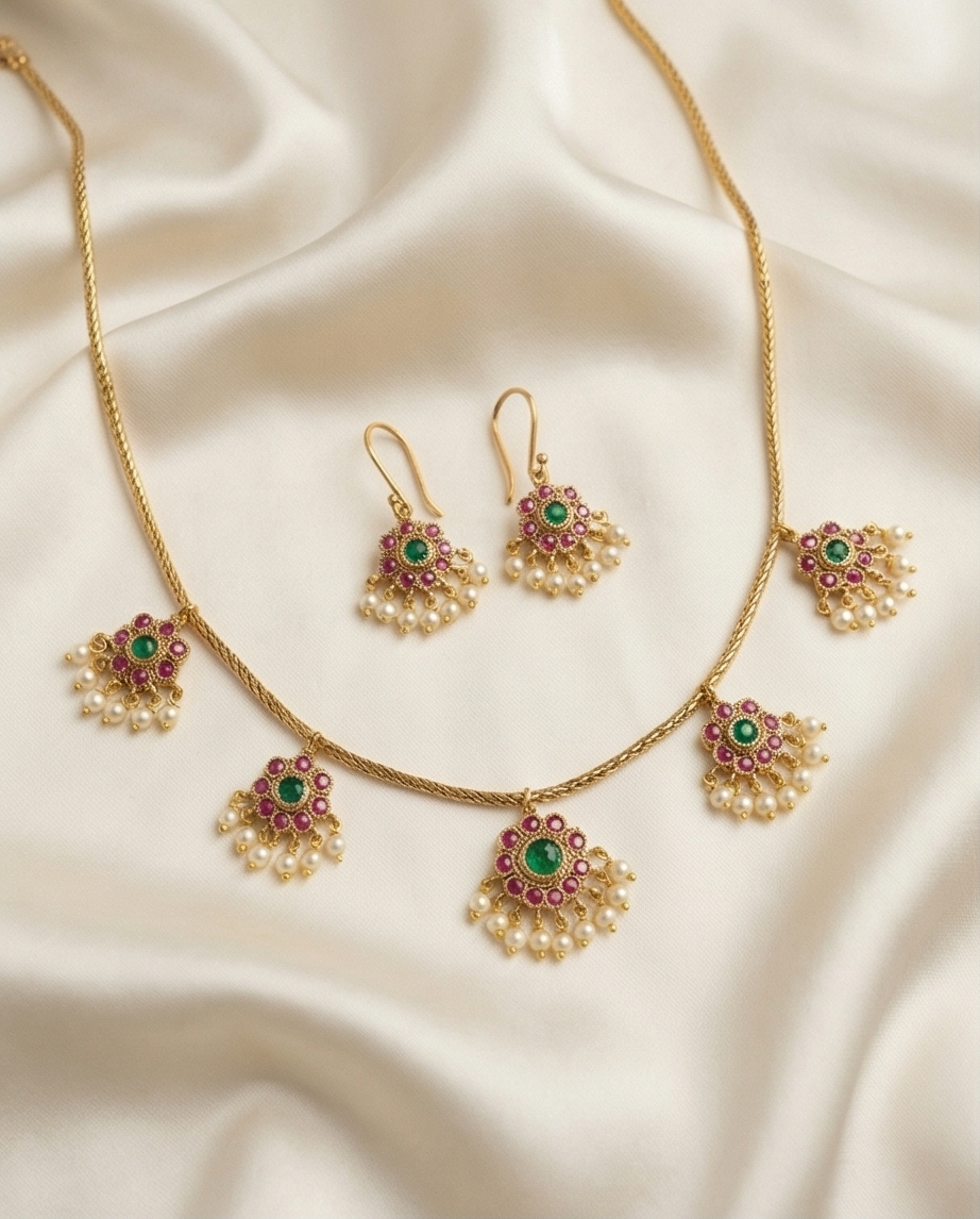 Pink and green stone necklace with earrings (NRW10)