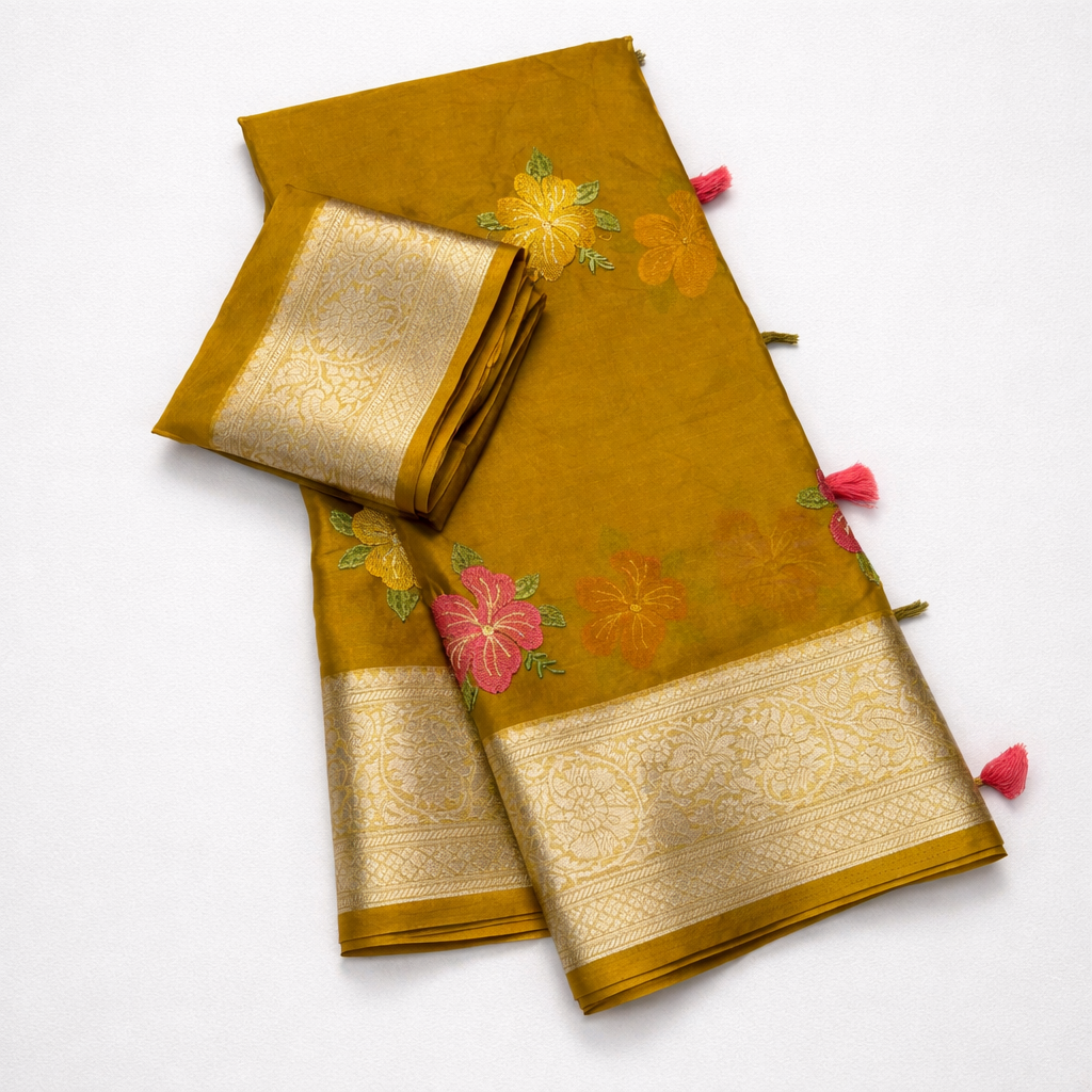 Organza Silk Saree with Multicolour Floral Embroidery & Gold Zari Border - SR-DFP3-Mustard Yellow