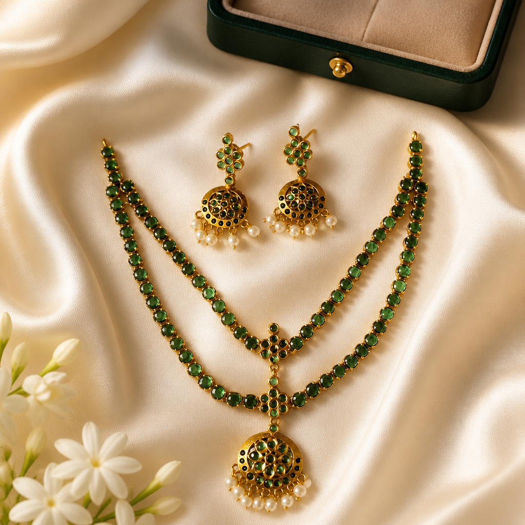 Traditional ethnicnecklace in Emerald with Earrings -Green (NRW-52)
