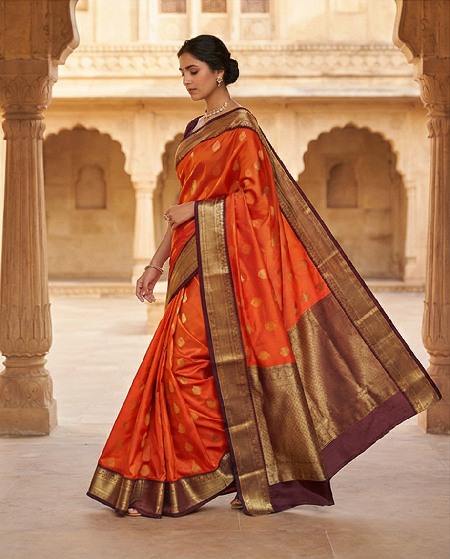 Rust Orange Pure Kanchipuram Silk Saree with Intricate Golden Zari Motifs & Rich Traditional Border - SR-MSP41