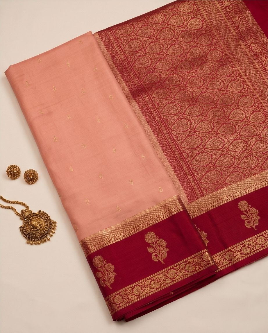 Mysore crepe flower pattern Peach with Red (SR-MSP27)