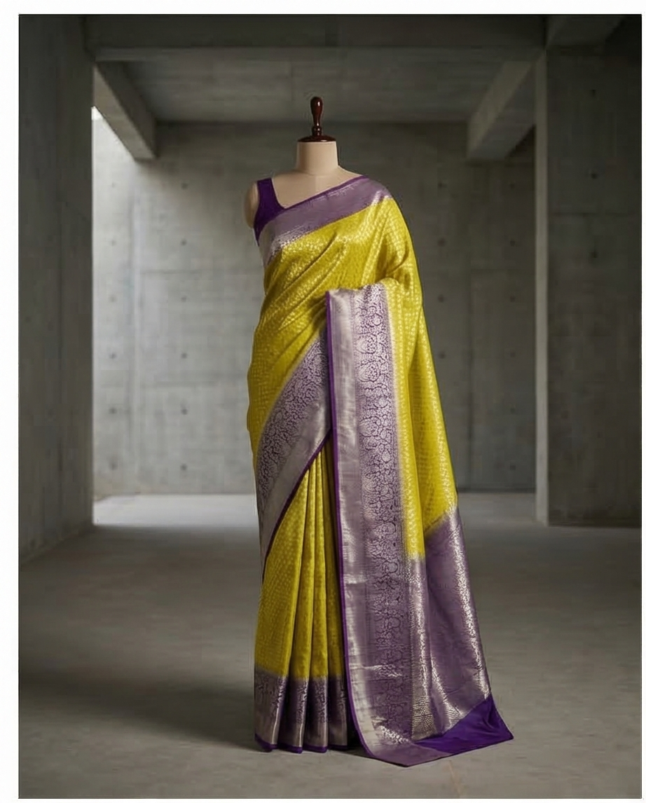 Smooth, flexible, and lightweight Semi Silk premium Saree (SR-MSP5)-Bright Yellow