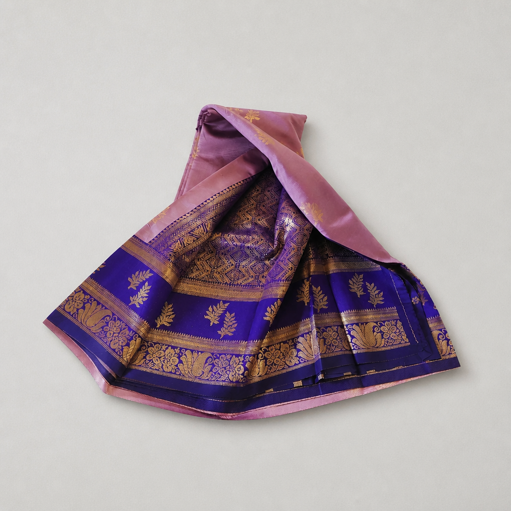 Semi silk saree with leaf and floral motifs.saree - light mauve body and a vibrant blue border (SR-PSMP24)