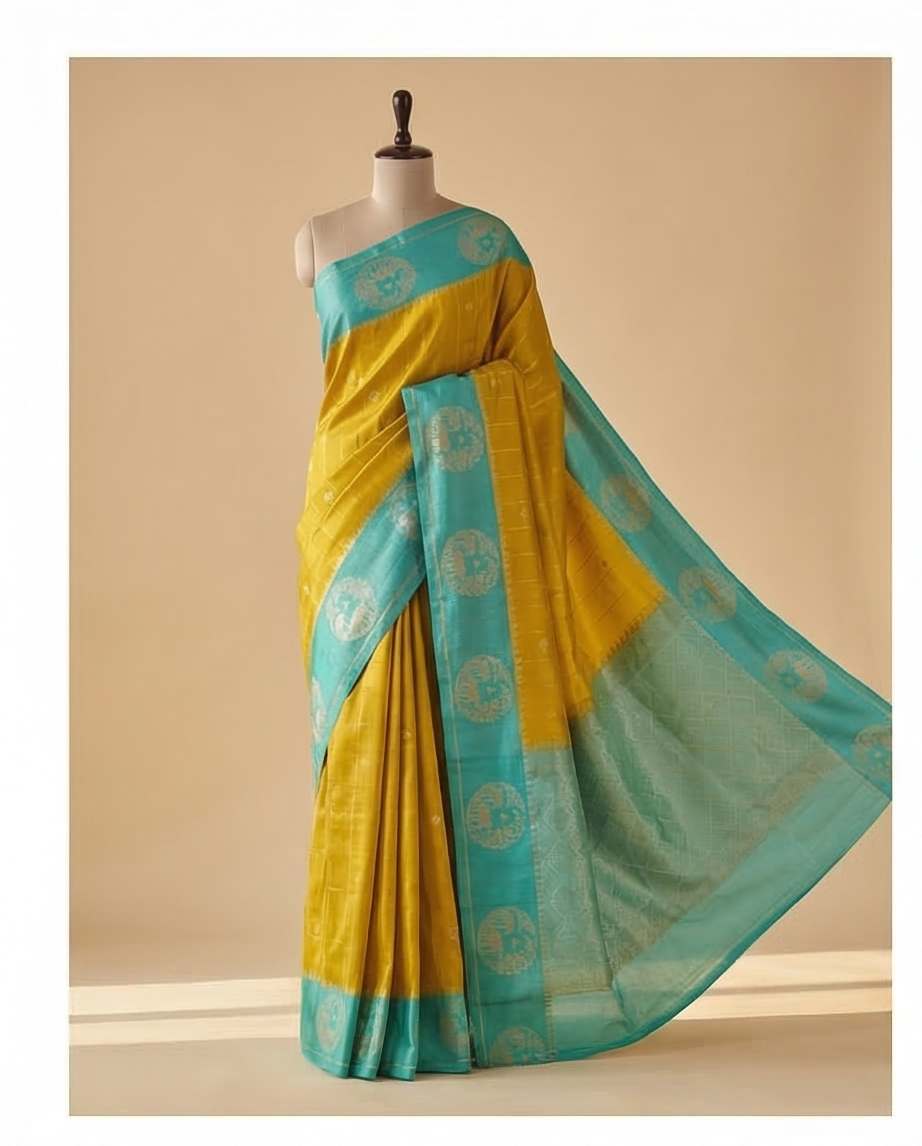 "Golden Hathi" Art Silk Saree (SR-MSP8)-Yellow with Turquoise Blue