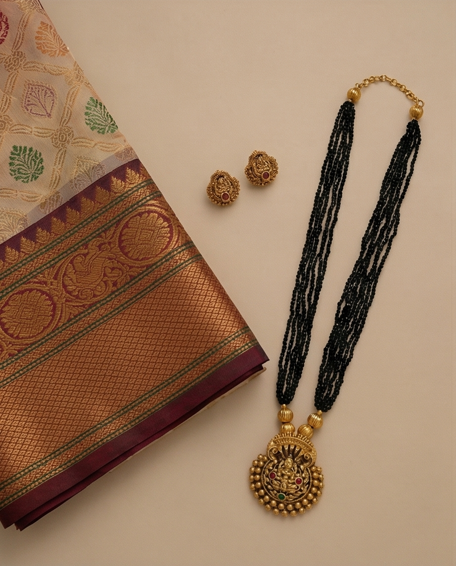 Lakshmi pendant with crystal bead Haram with Earrings-Black (NRW38-1)