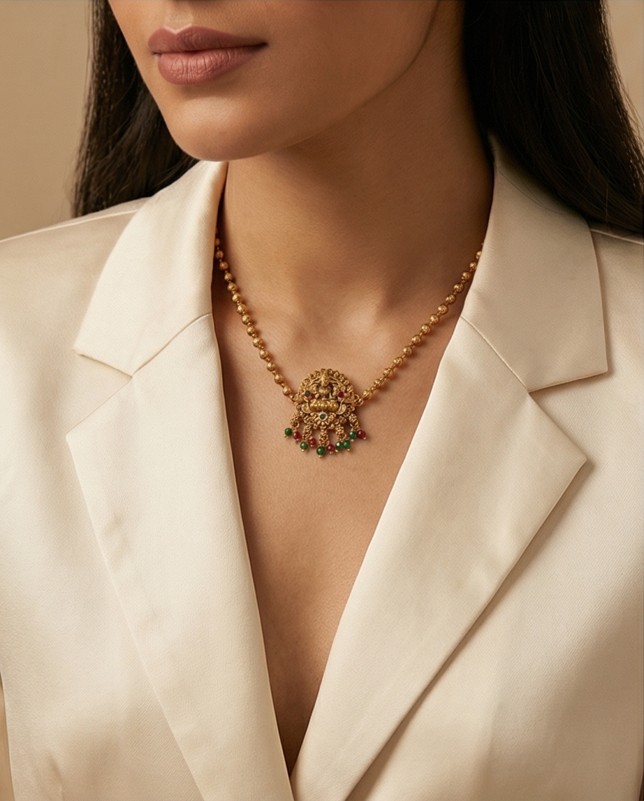 Lakshmi pendant golden beads choker with Earrings (NRW28)