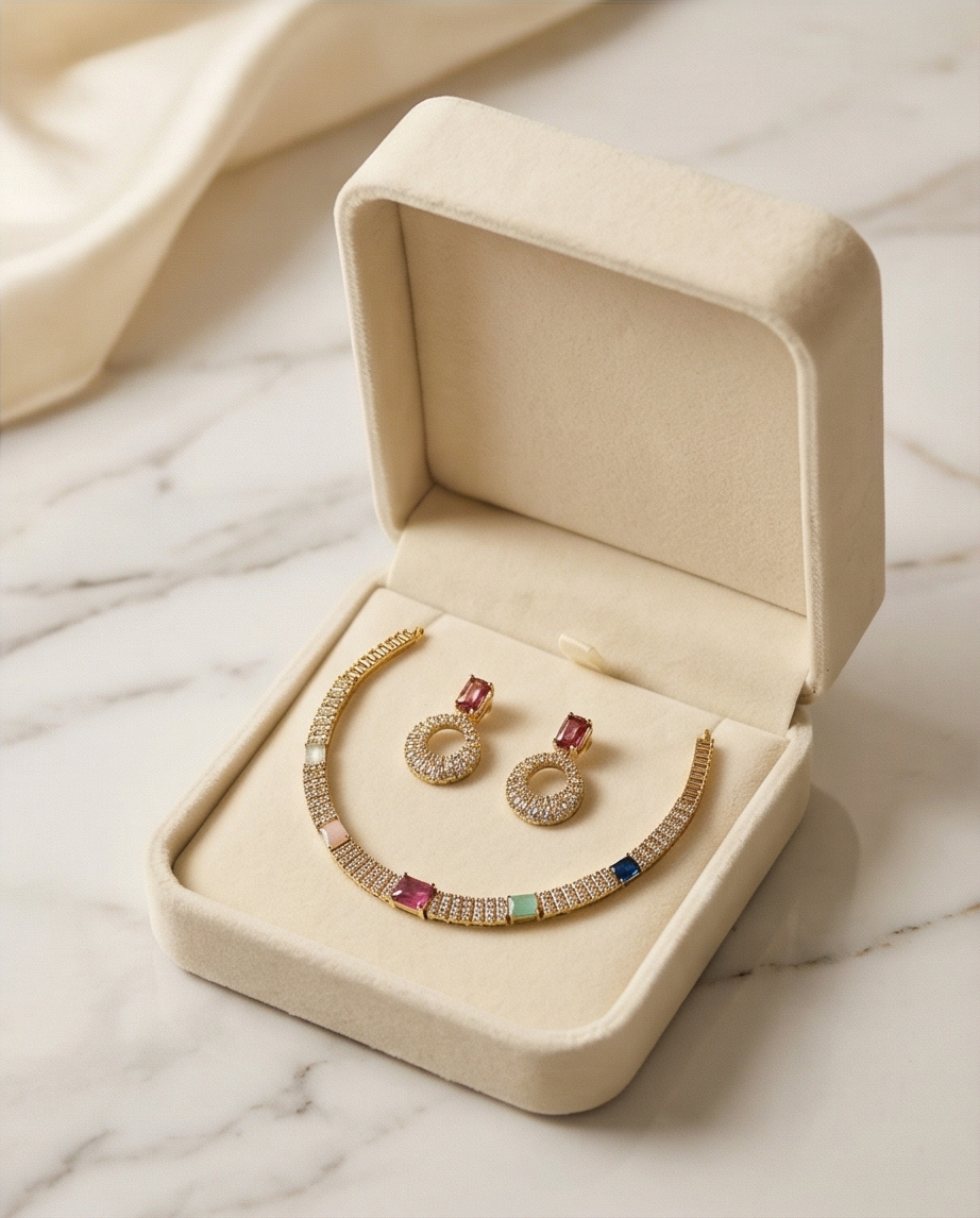 Multicolour with white stone Necklace with Earrings (NRW33)