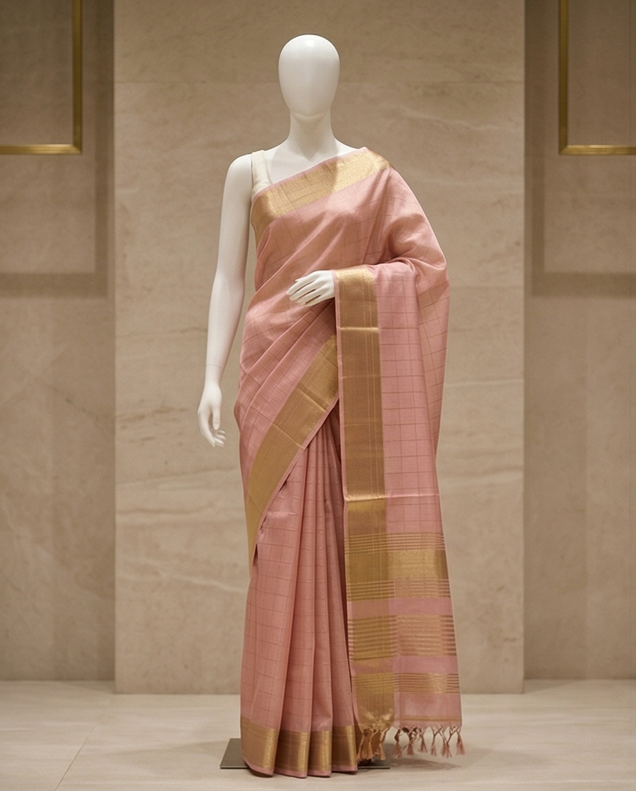 Light Pink Golden Checks Border Saree with Ready Blouse (SR-SP25)