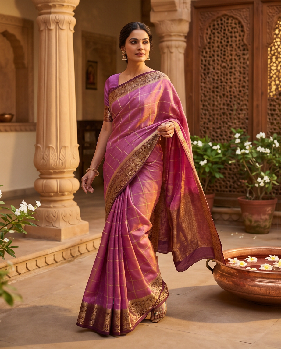 Classic Checkered Silk Saree with Grand Zari Border-Onion pink with maroon (SR-PSMP32)