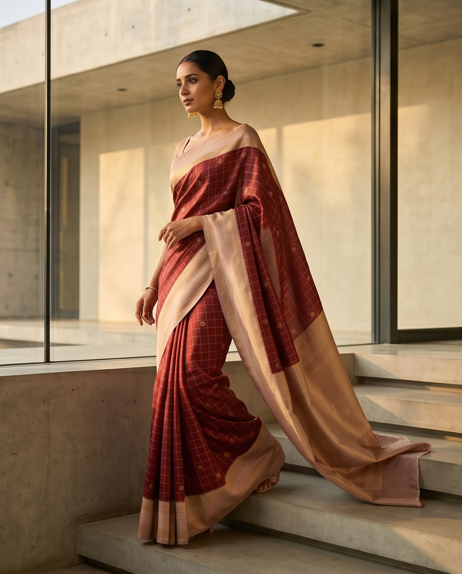 Contemporary Checks, Classic Elegance Sarees-Deep reddish-brown (SR-PSMP21)