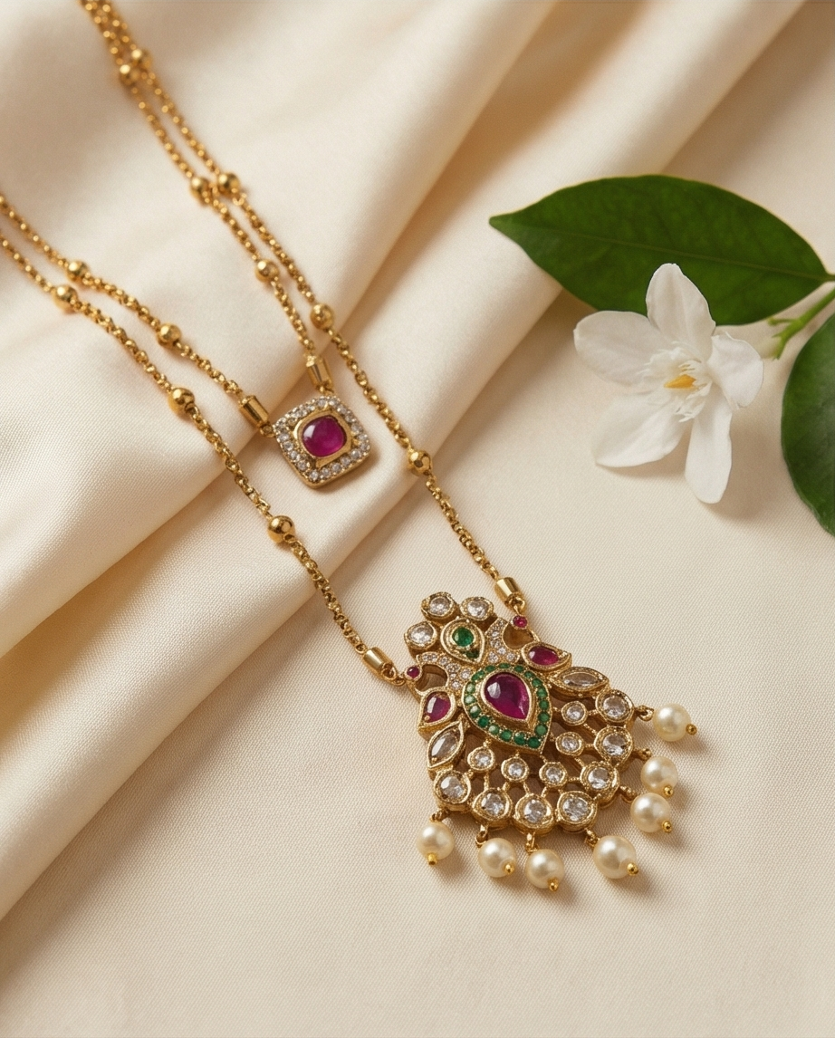 Double layer long short chain with beautiful pendant with Earrings (NRW35)