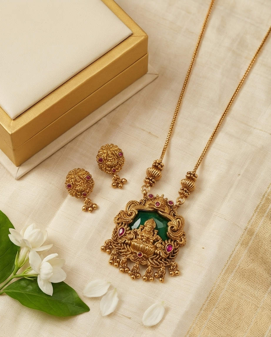 Emerald green stone Lakshmi pendant chain with Earrings (NRW25)
