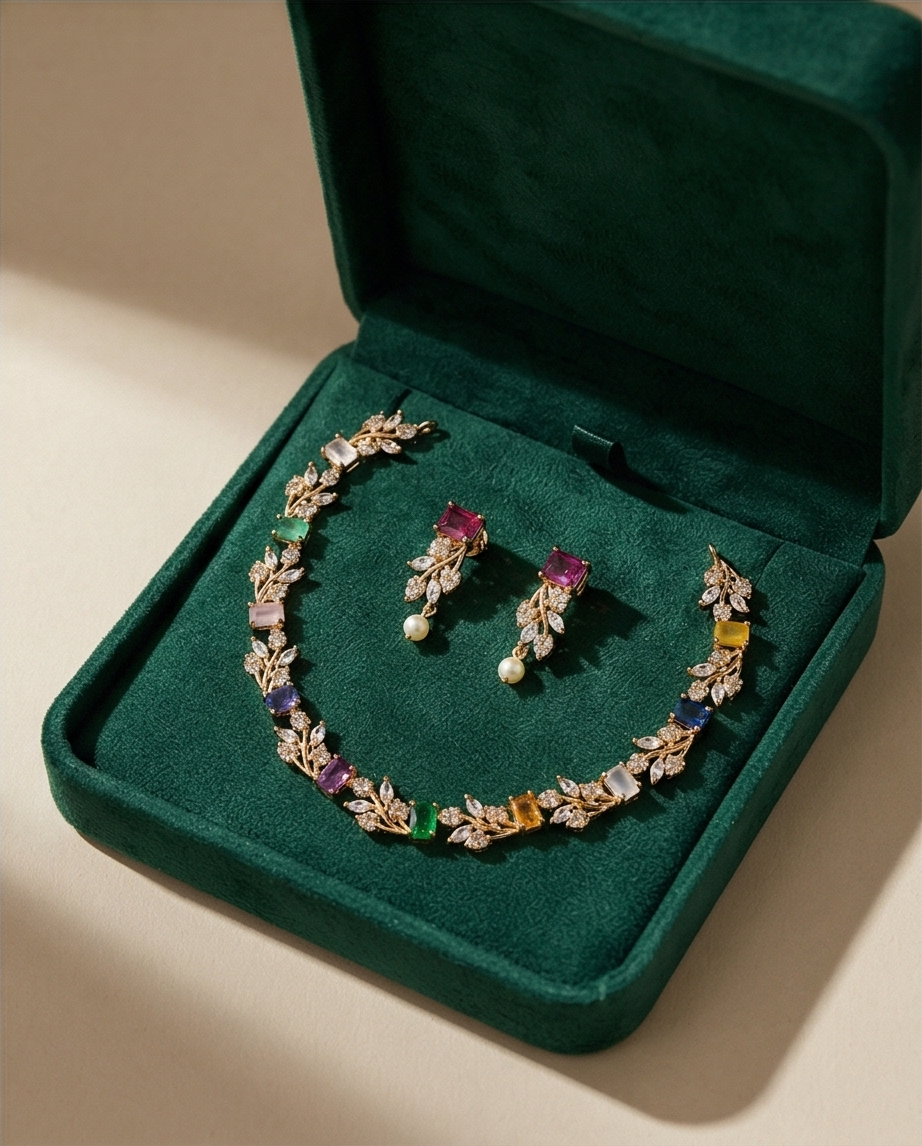 Navratna with white stone Necklace with Earrings (NRW27)