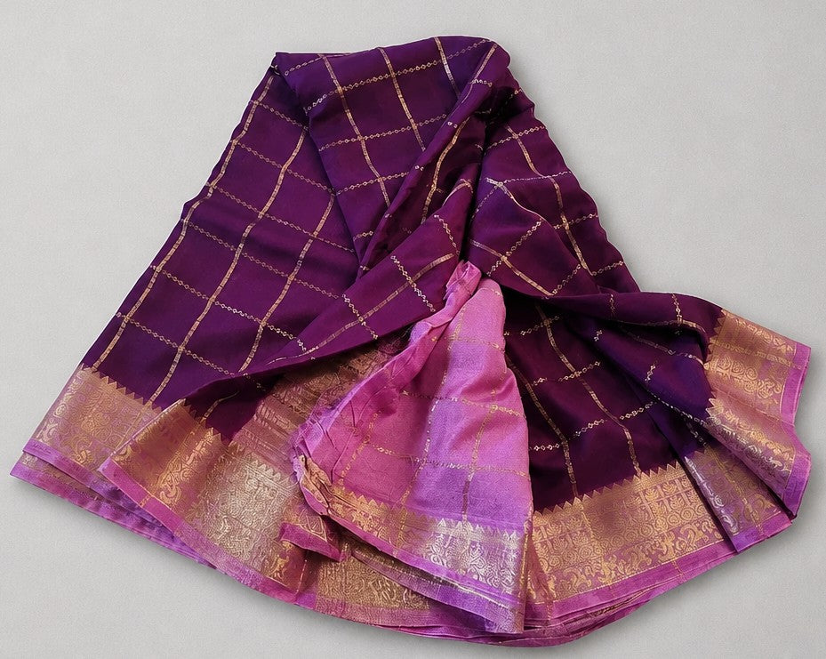 Classic Checkered Silk Saree with Grand Zari Border-purple with lavender (SR-PSMP29)