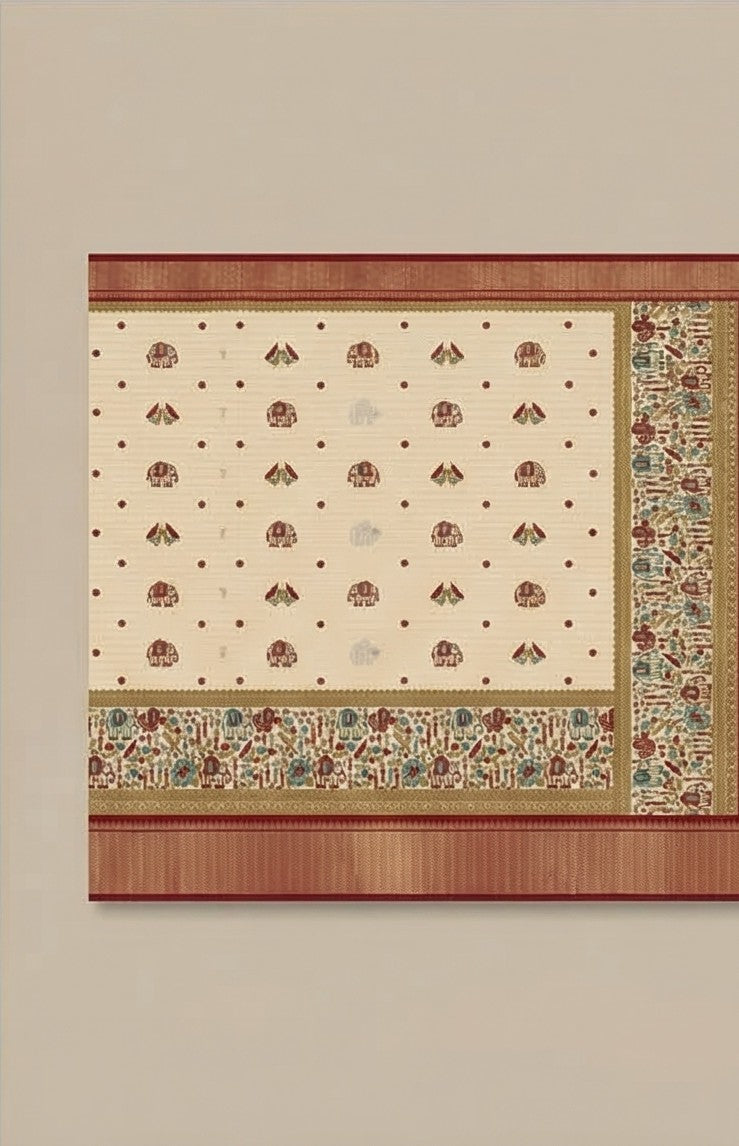 Soft Weave Saree – with Elephant Motifs - SR-PSMP61-Cream & Maroon