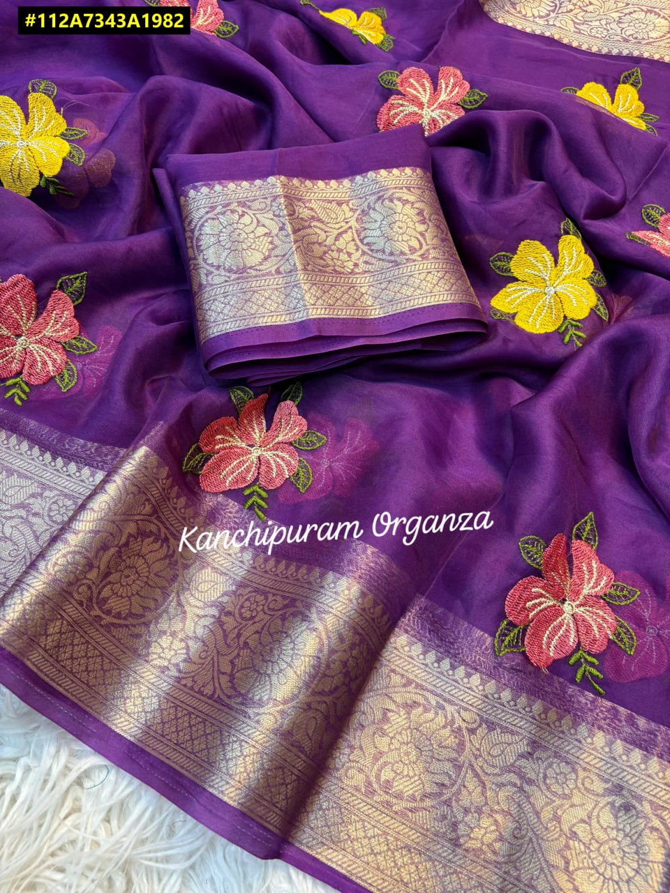 Organza Silk Saree with Multicolour Floral Embroidery & Gold Zari Border - SR-DFP3-Deep Purple