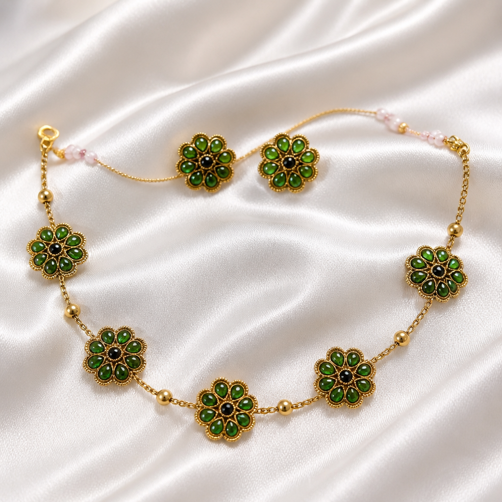 Emerald-Green Daisy Set with Earrings (NRW-59)