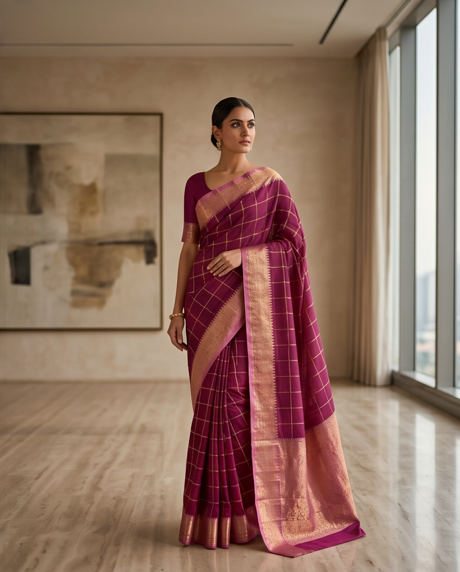 Classic Checkered Silk Saree with Grand Zari Border-maroon with dusty rose (SR-PSMP34)