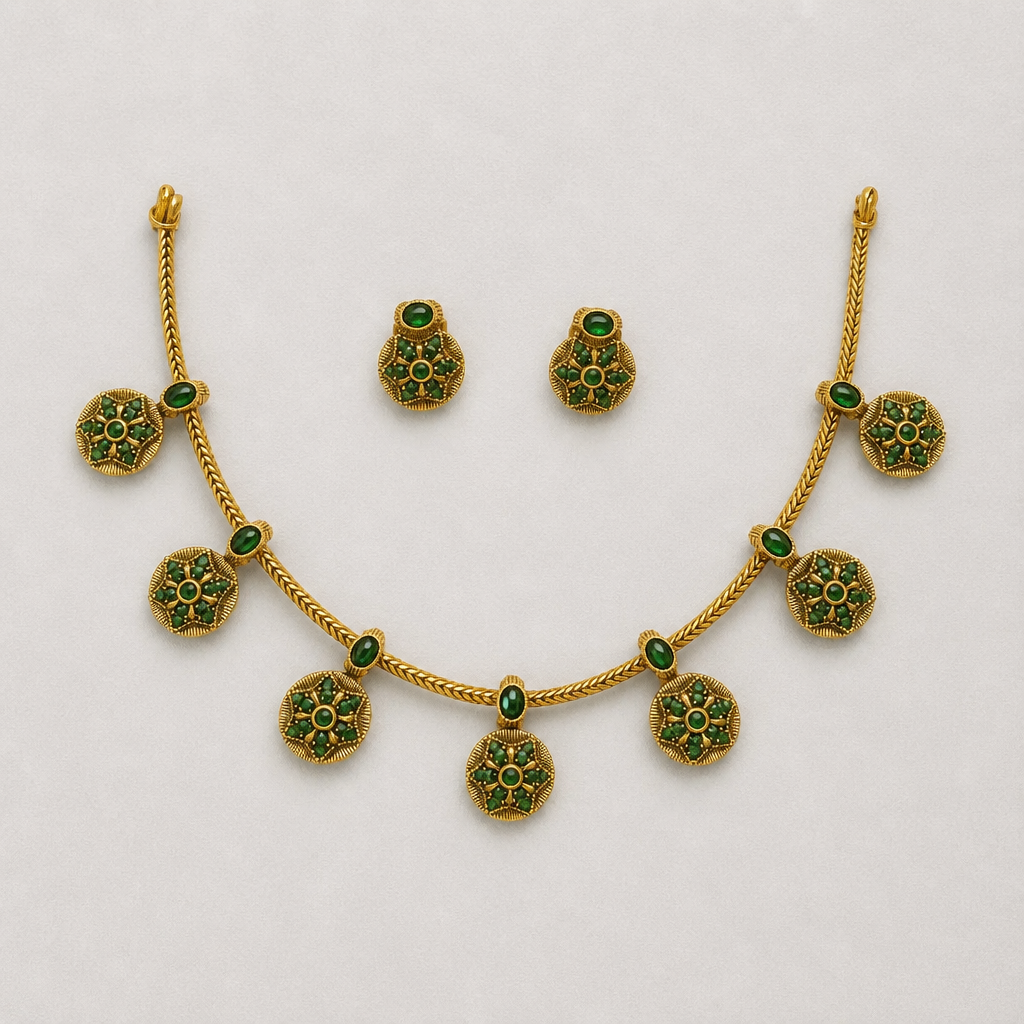 Round flower Pattern Necklace with Earrings - Green (NRW-54)