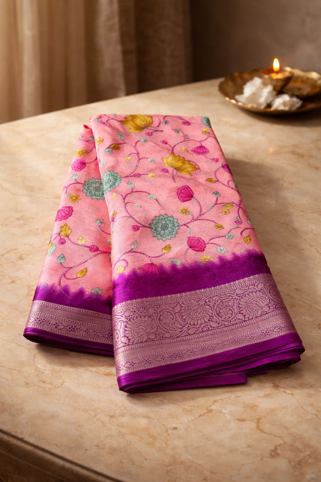 Beige with Dark Pink Floral Design Synthetic Saree (SR-SP33)