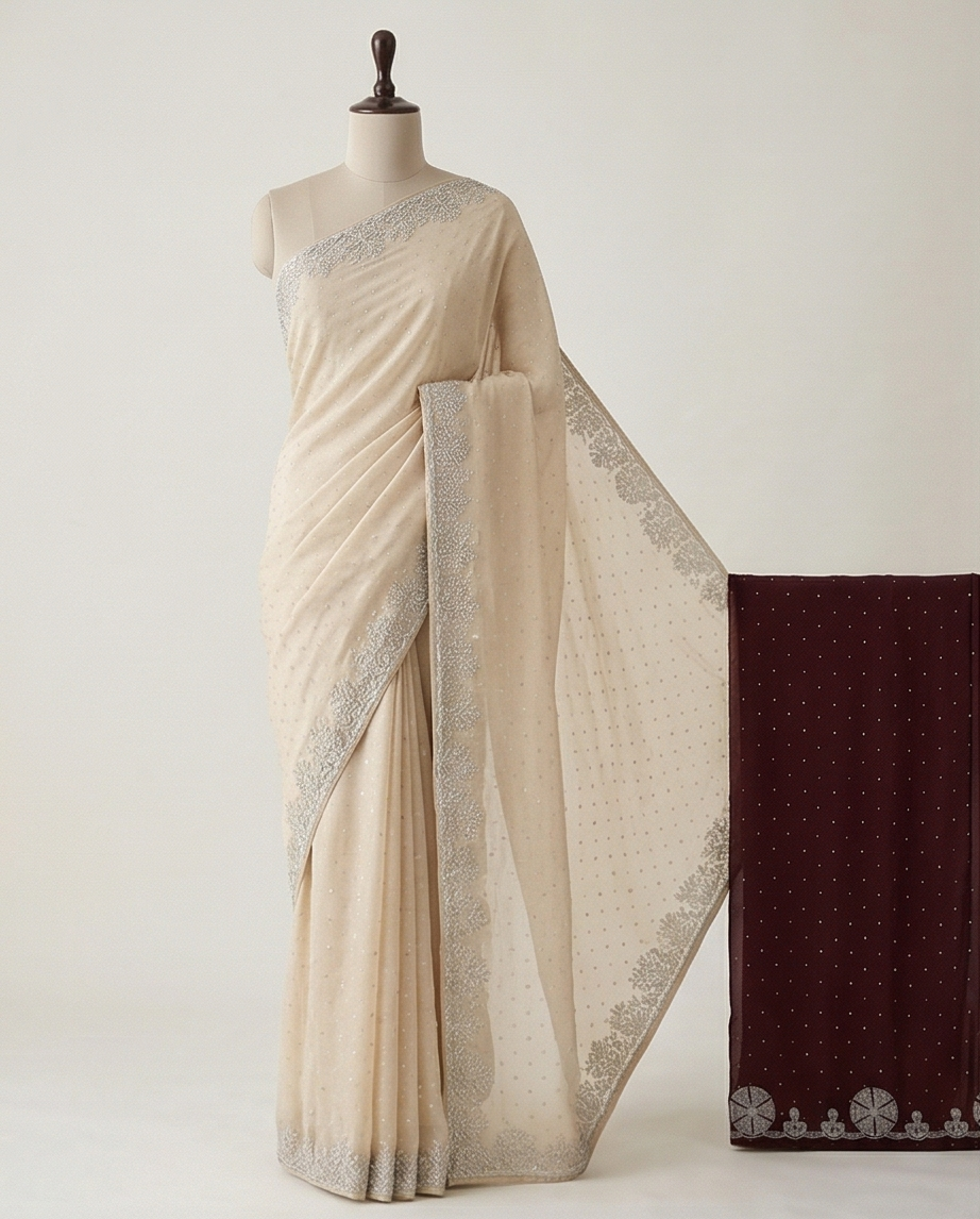 Cream Designer Saree with Contrast Blouse Piece (SR-SP38)