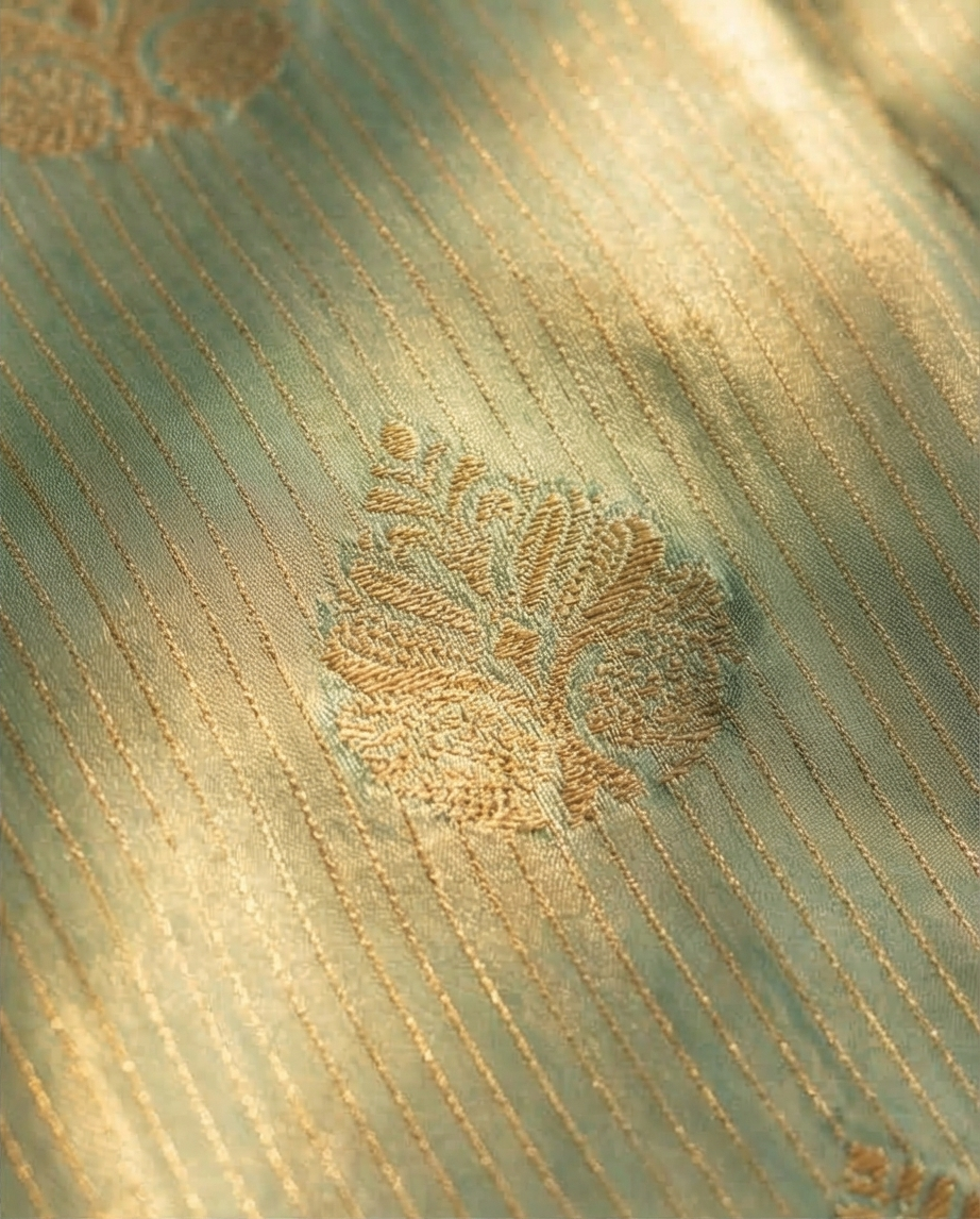 Mustard Gold Light Green Semi Kanjivaram Silk Saree with Gold Zari Border