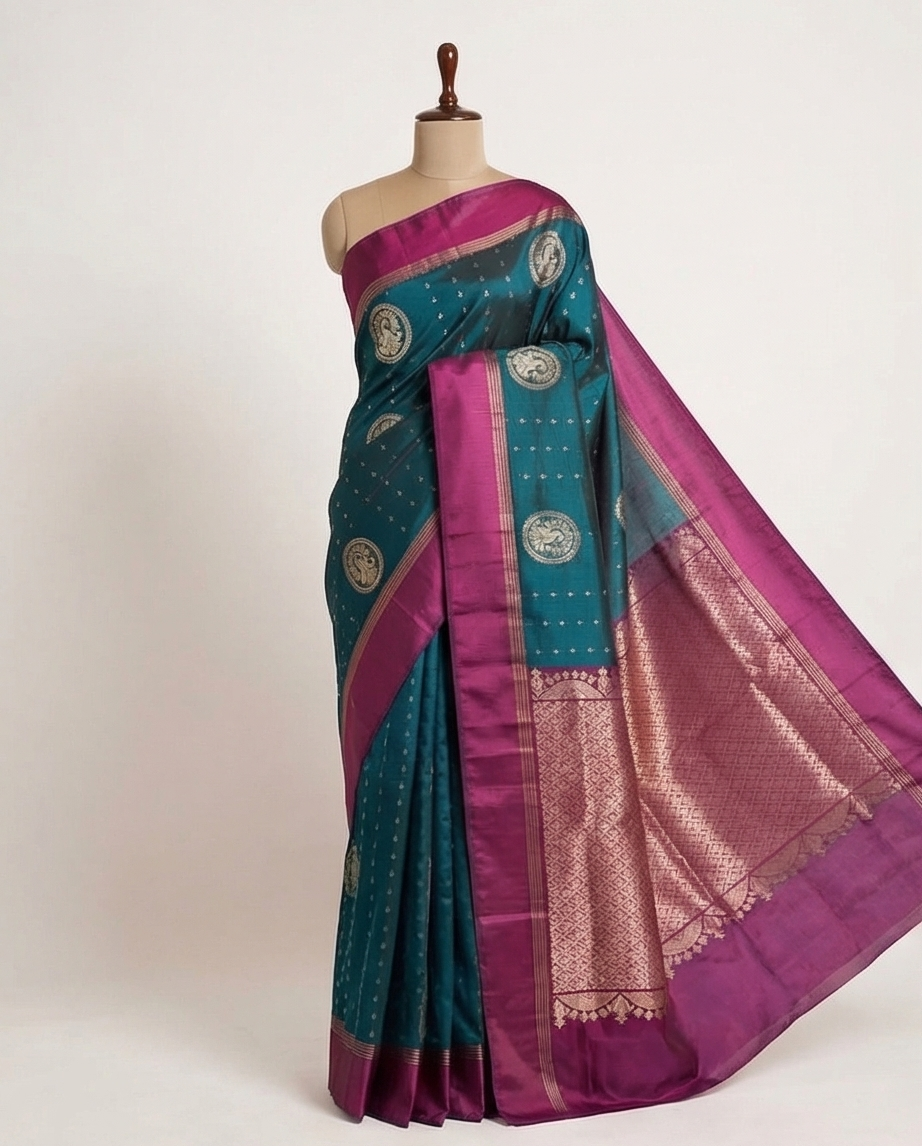 Teal Kanchipuram Silk Saree with Silver Motifs & Contrasting Magenta Zari Border - SR-MSP12