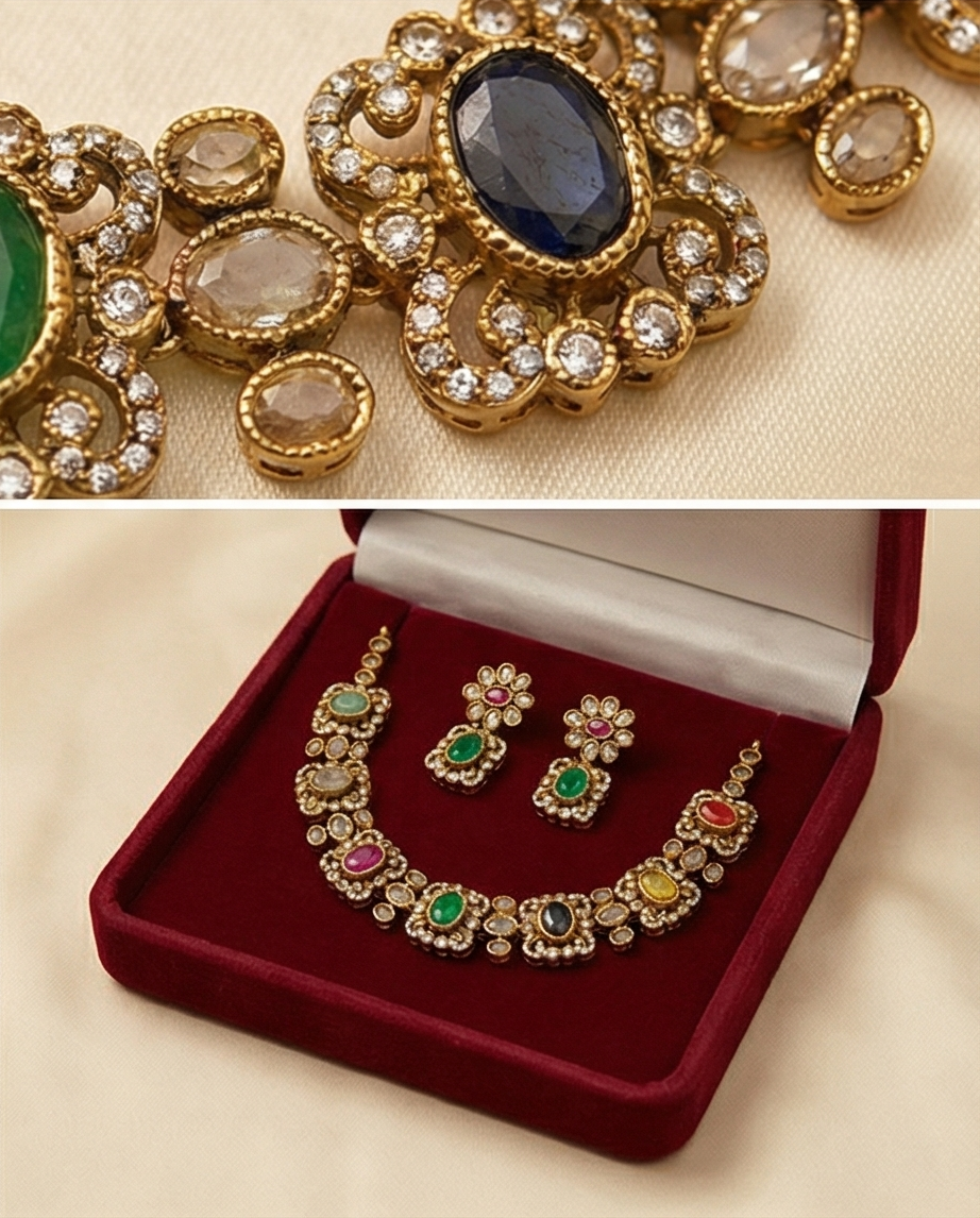 Navaratna with white stone Necklace with Earrings (NRW31)