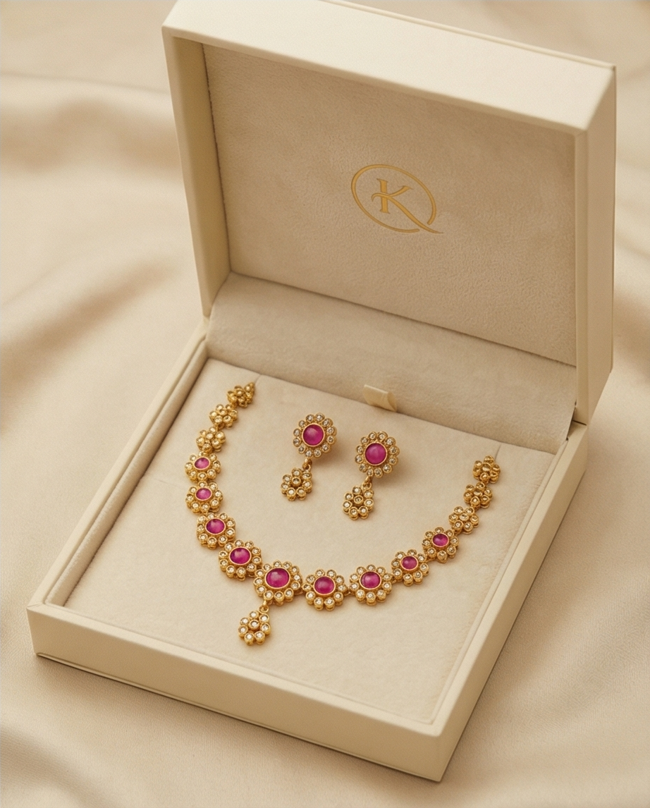 Stone Necklace with Earrings-Pink (NRW46-1)