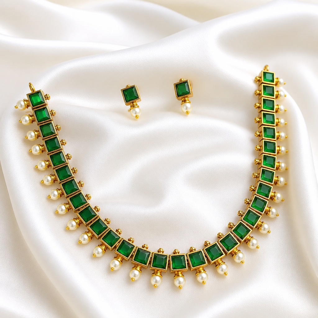 Square cut Emerald & Pearl Accent Set with Earrings - Green (NRW-58)