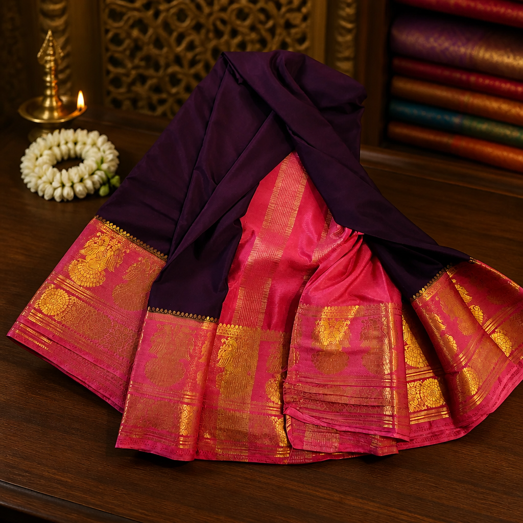 Mysore silk imitation crepe silk saree-Wine Red/maroon with Rani pink (SR-PSMP45)