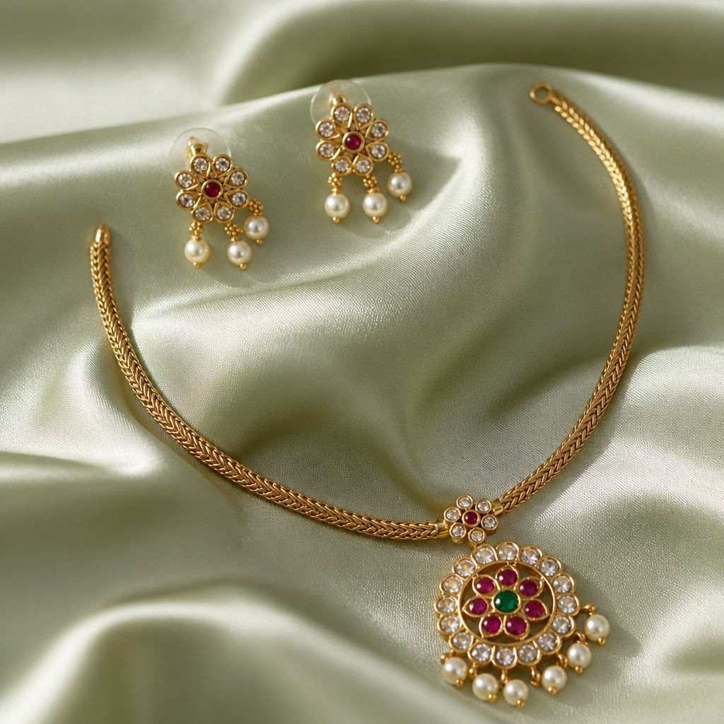 Traditional white stone simple necklace with earrings (NRW-95)