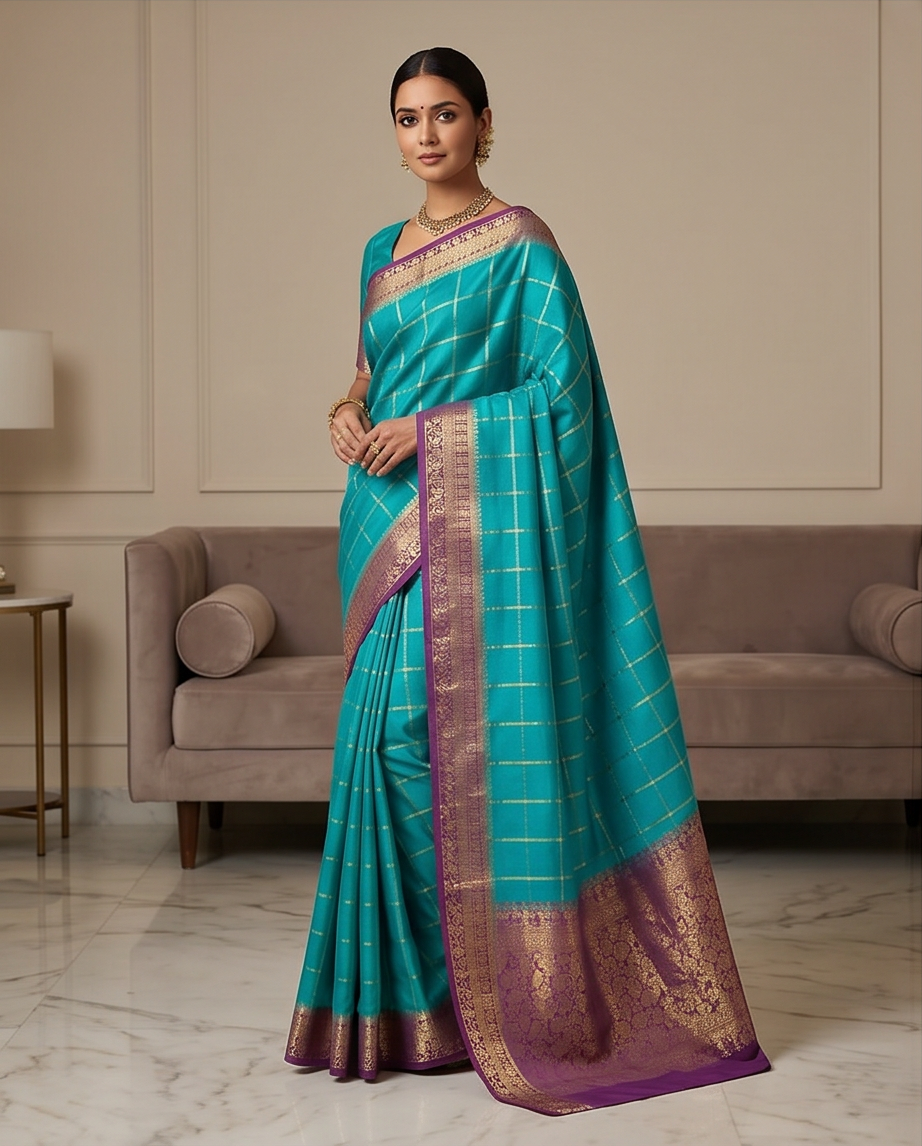 Classic Checkered Silk Saree with Grand Zari Border-Ramagreen with purple (SR-PSMP31)