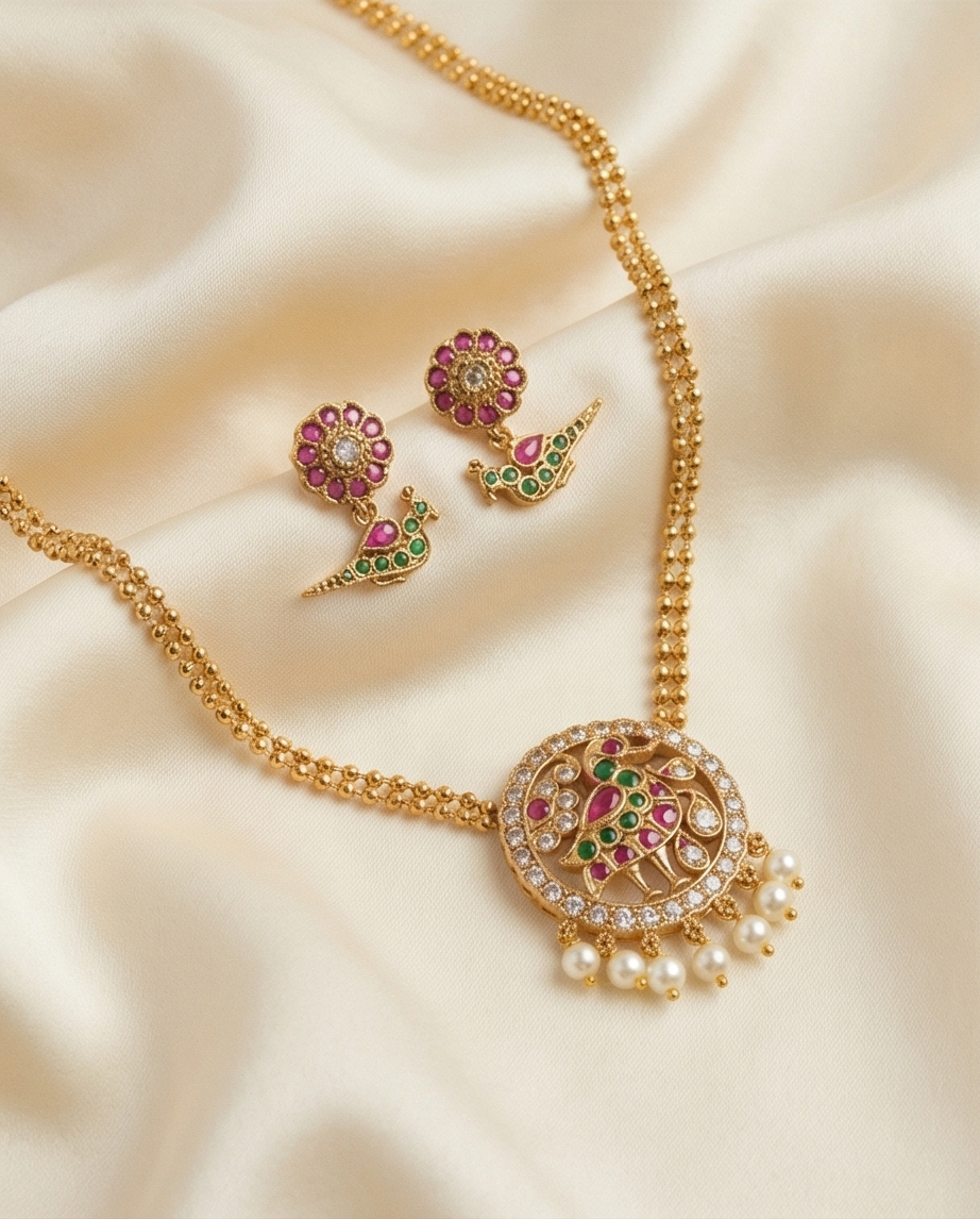 Round Mayura pendant necklace with Beautiful earrings (NRW8)