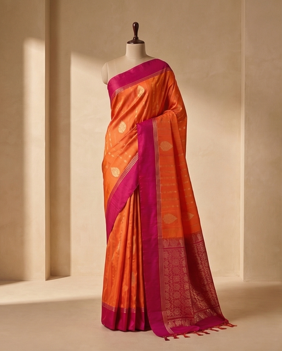 Orange Kanchipuram Silk Saree with Golden Zari Motifs & Contrasting Magenta Border - SR-MSP15