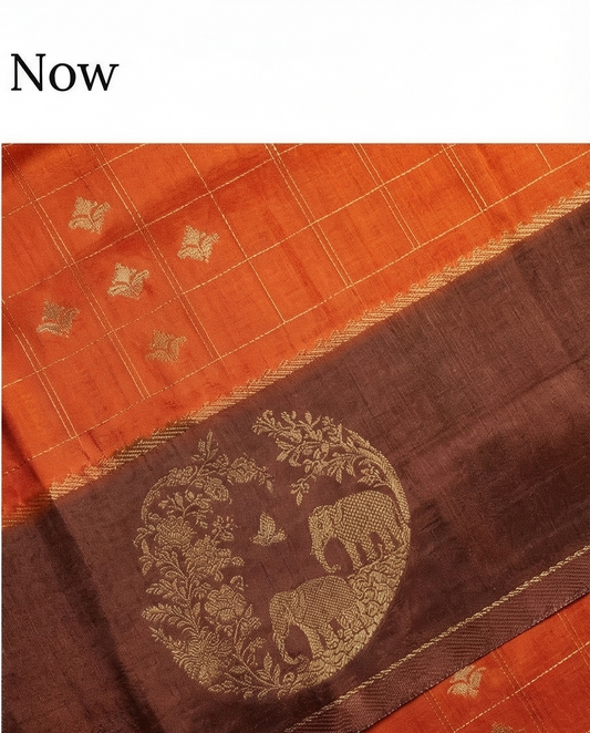"Golden Hathi" Art Silk Saree (SR-MSP8)-Mustard Orange with dark brown