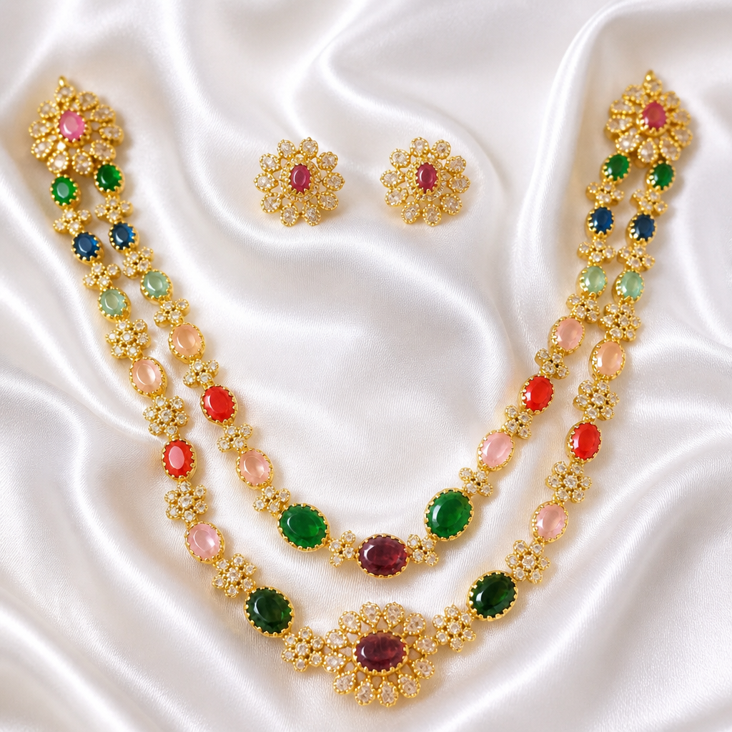 Navratna-Inspired multi gem layered necklace with Earrings (NRW-61)