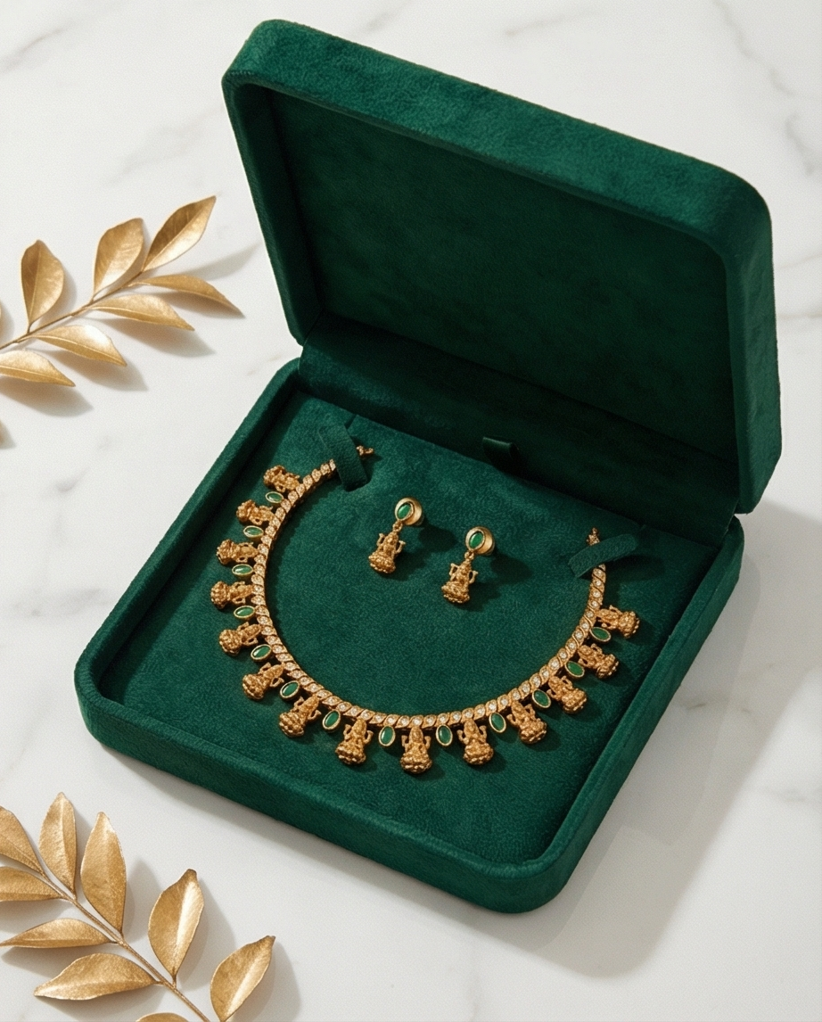 Vintage Lakshmi and green stone Necklace with Earrings (NRW34)