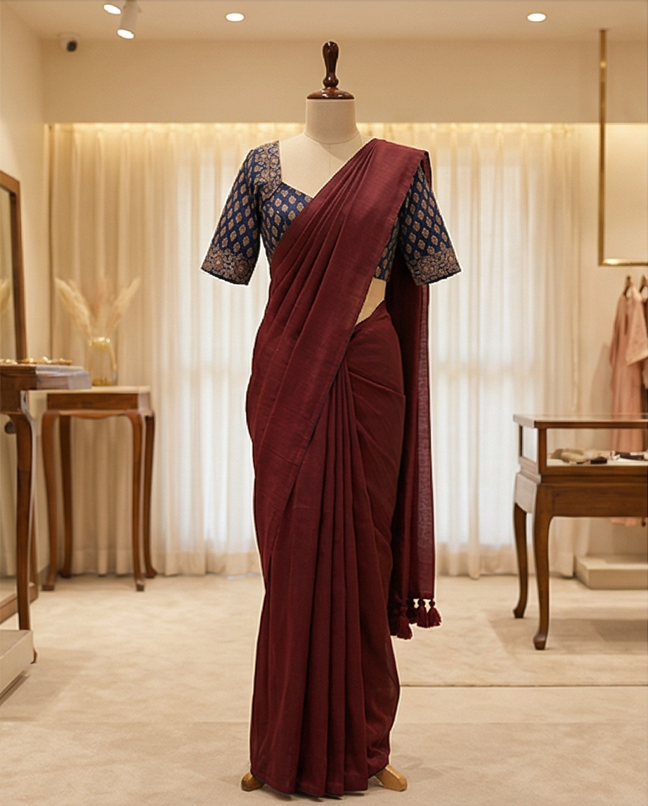 Deep Maroon Plain Saree with Navy Blue Ready Blouse - SR-KEP8