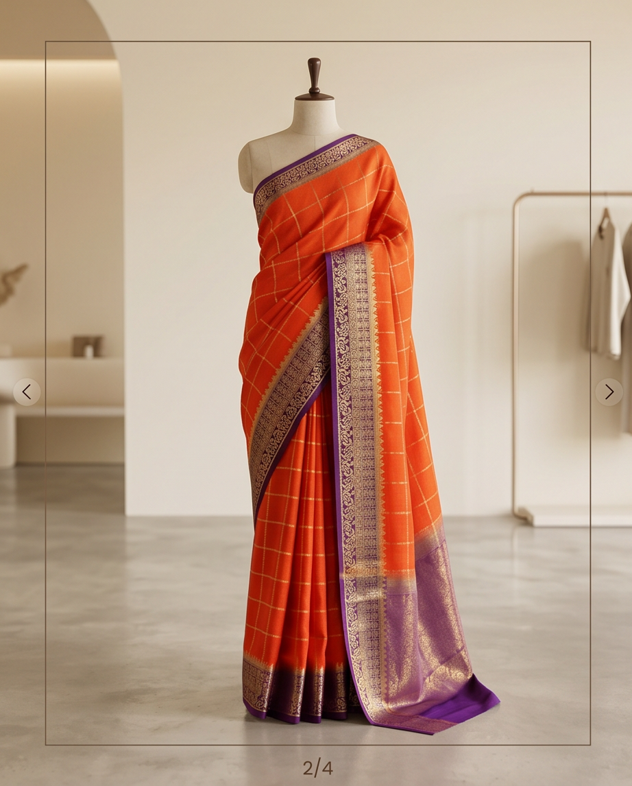 Classic Checkered Silk Saree with Grand Zari Border -orange with dark purple (SR-PSMP38)