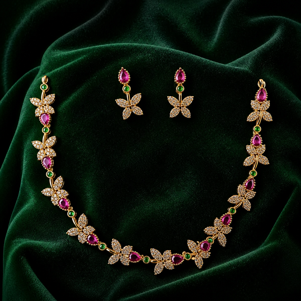 Gold tone Ruby and Emerald necklace with Earrings (NRW-65)