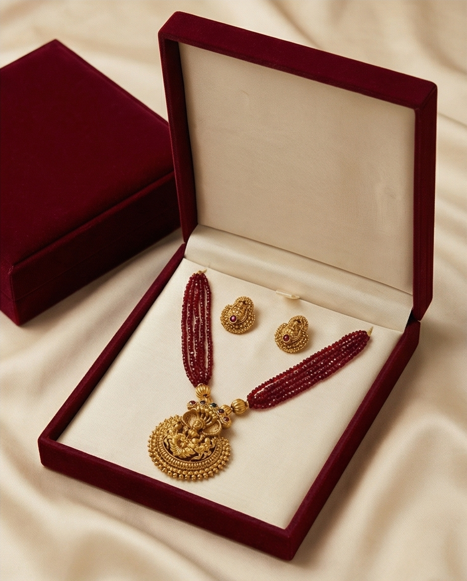 Lakshmi pendant with crystal bead Haram with Earrings-Red (NRW38-2)