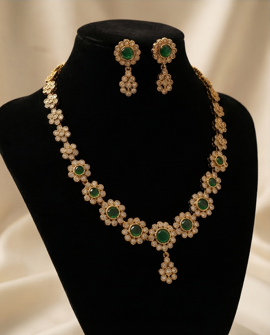 Stone Necklace with Earrings-Green (NRW46-2)