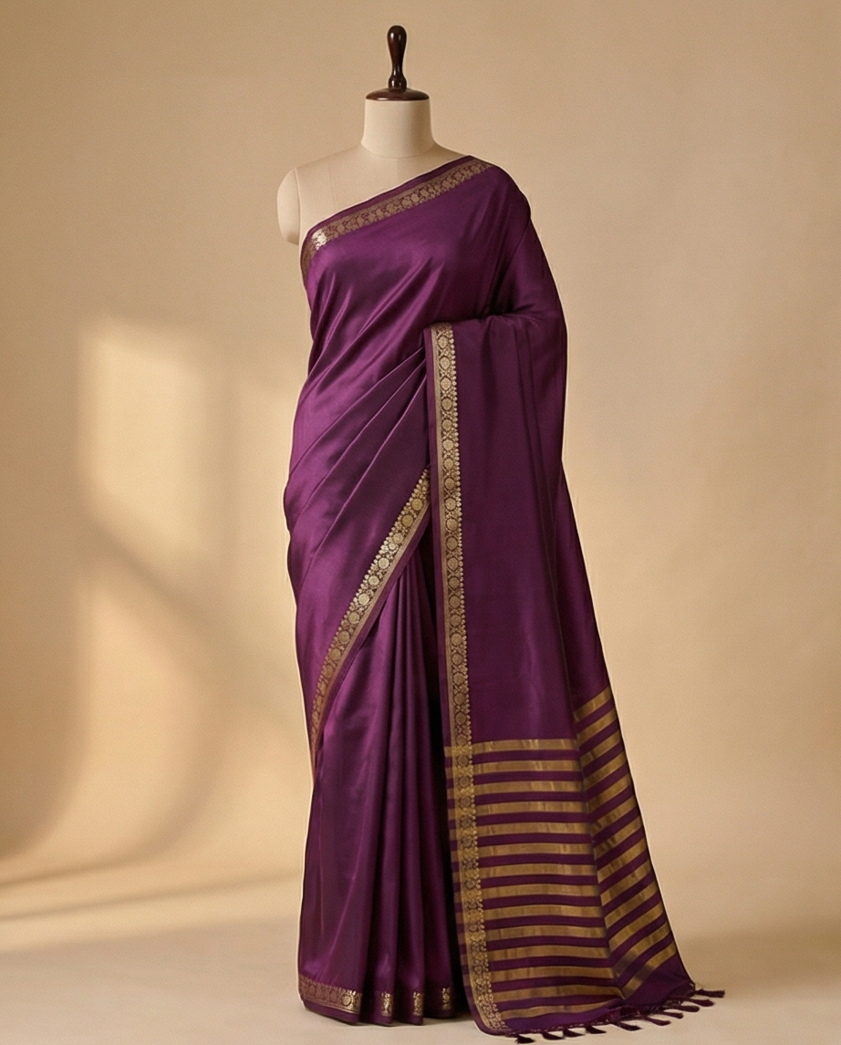 Deep Wine Semi Mysore Silk Saree with Gold Stripe Pallu & Zari Border - SR-KEP6