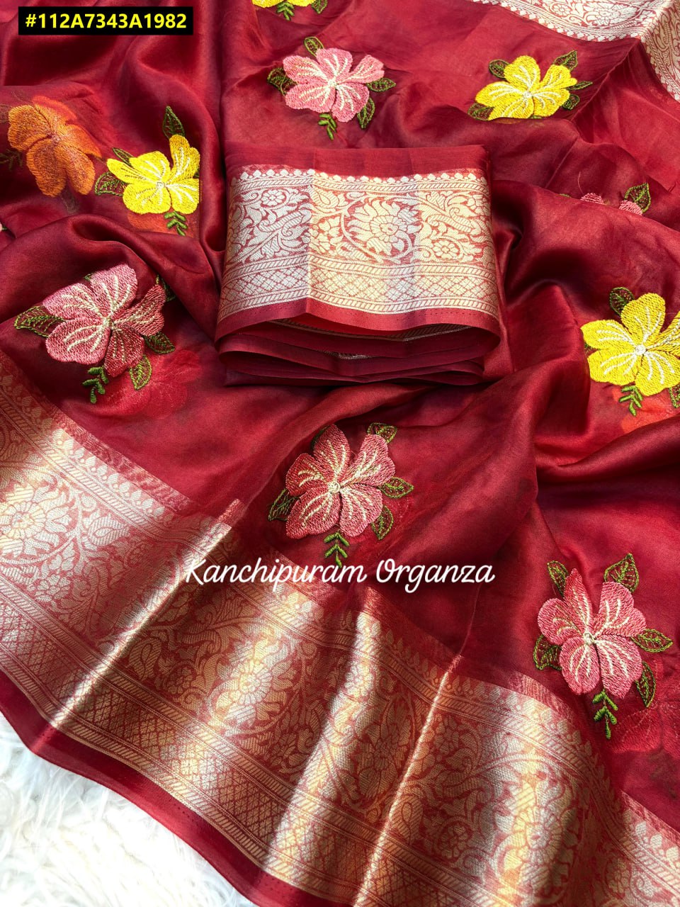 Organza Silk Saree with Multicolour Floral Embroidery & Gold Zari Border - SR-DFP3-Maroon